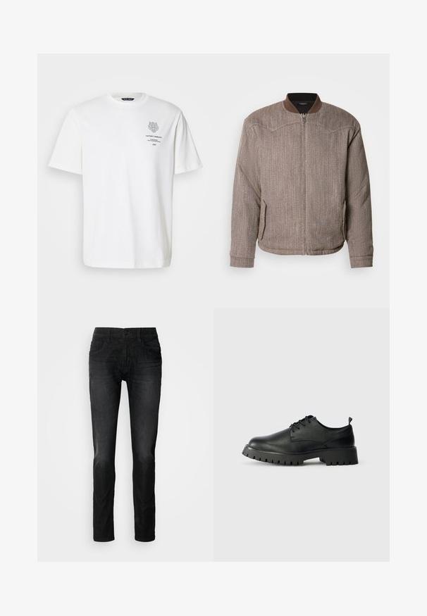 Scotch & Soda REVERSIBLE PADDED JACKET - Bomberjakke - demitasse/eggnog; Hvid bomulds t-shirt med rund halsudskæring, korte ærmer og et trykt logo og tekstdesign på forsiden i grå.; Sorte denimjeans med lige ben, som har fem lommer, knaplukning og en subtil stoftekstur. Ingen synlig slid eller mønstre.; Sorte læder snøresko med rund tå, tekstureret overflade og kraftig gummisål med dybe riller for bedre greb.