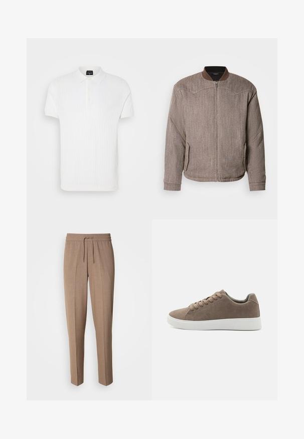 Scotch & Soda REVERSIBLE PADDED JACKET - Blouson Bomber - demitasse/eggnog; Polo-shirt blanc à manches courtes avec un motif en maille texturée, col classique et patte de boutonnage à trois boutons. Fini en tissu lisse.; Pantalons en tissu tissé brun, avec une coupe décontractée, taille à cordon de serrage et plis à l'avant. Jambes droites et sans poches ni éléments en métal visibles.; Baskets en daim marron avec des semelles en caoutchouc blanc plat, design lacé, bout rond et texture lisse. Style minimaliste avec des détails de couture subtils.