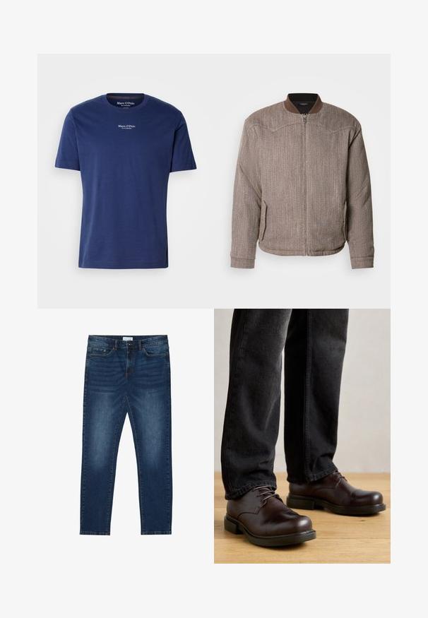 Scotch & Soda REVERSIBLE PADDED JACKET - Bomberjakke - demitasse/eggnog; Mørkeblå bomulds T-shirt med korte ærmer, rund udskæring og lille hvidt logo på brystet. Glat tekstur og afslappet pasform.; Mørkeblå slim-fit jeans med falmede detaljer, klassisk fem-lomme design, knappelukning og bæltestropper.; Brune lædersko med rund tå, snørelukning og kraftig sort gummisål, parret med mørke denim bukser.
