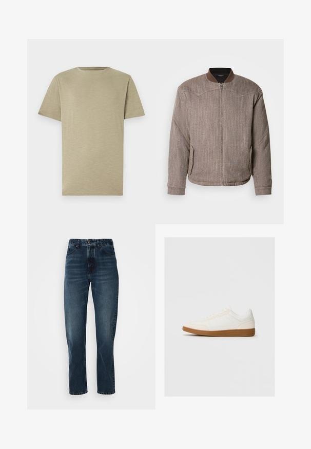 Scotch & Soda REVERSIBLE PADDED JACKET - Bombera - demitasse/eggnog; Svetlo khaki tričko, krátke rukávy, okrúhly výstrih, mäkká textúra, hladká látka, bez vzorov alebo ozdôb, rovný strih, neutrálna farba.; Tmavomodré džíny s rovnými nohavicami, predným zapínaním na gombík a zips, dizajnom s piatimi vreckami a jemným vyblednutím na stehnách a kolenách.; Biele tenisky so semišovým špičkovým rámom, hladkým syntetickým zvrškom a hnedou gumovou podrážkou. Na bokoch majú perforácie pre lepšiu priedušnosť.