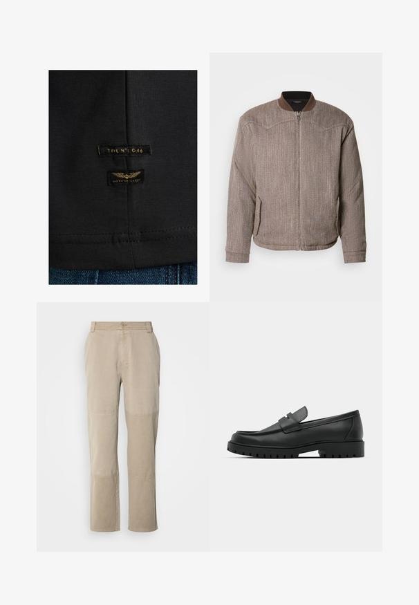 Scotch & Soda REVERSIBLE PADDED JACKET - Bomberjakke - demitasse/eggnog; Sort bomulds t-shirt med to labels: "TYPE N°: C-46" og "AMERICAN CLASSIC," med guld tekst og vinge grafik. Syet kantdetalje.; Beige bomulds twill bukser med lige ben-design, der har syede knæaccentueringer og en knaplukning i taljen.; Sorte læder loafers med rund tå, der har et syet design, lav platformssål og en struktureret, skridsikker gummisål.