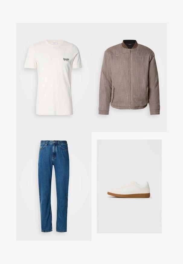 Scotch & Soda REVERSIBLE PADDED JACKET - Bomber-jakk - demitasse/eggnog; Puuvillane T-särk heleses bees, millel on ümar kaelus, lühikesed varrukad ja väike musta ja rohelise värvi graafika vasakul rinnal.; Sinised sirged denim püksid viie tasku ja ees oleva nupu sulgemisega valgel taustal.; Valge tenniseking nubukist varbaga, sileda sünteetilise pealmise osaga ja pruunist kummist tallaga. Küljel on ventilatsiooniaugud, et tagada õhuringlus.