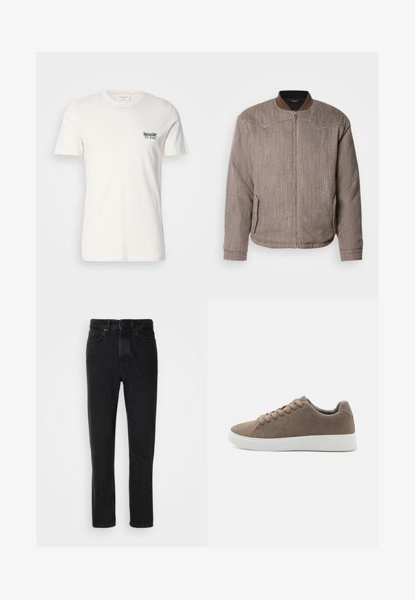 Scotch & Soda REVERSIBLE PADDED JACKET - Bomberjakke - demitasse/eggnog; Bomulds T-shirt i off-white, med rund halsudskæring, korte ærmer og et lille sort og grønt grafik på venstre bryst.; Sorte denim jeans med lige ben-design, med knap- og lynlåslukning, forlommer og subtile teksturer.; Brune ruskinds sneakers med flade hvide gummisåler, snørelukning, rund tå og en glat overflade. Minimalistisk stil med diskrete syninger.