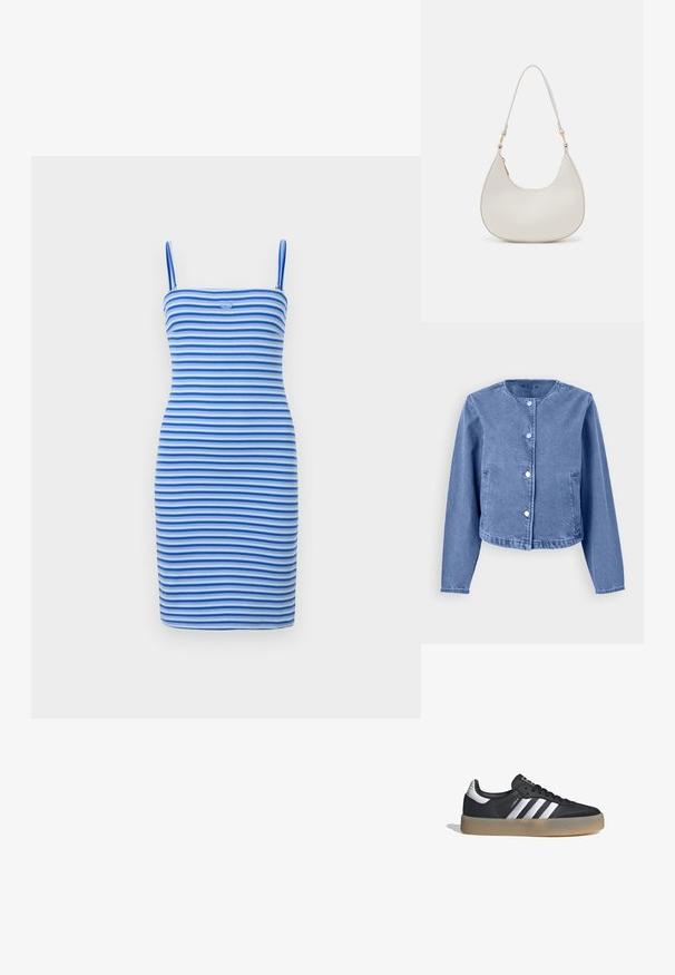 Chaqueta de mezclilla azul claro con cuello redondo, mangas largas, cinco botones a presión y bolsillos laterales. Textura suave con un diseño informal.; Vestido bodycon ajustado en rayas alternas de azul y azul claro, hecho de tela acanalada, con una silueta ajustada y un detalle de logo en el pecho.; Zapatilla deportiva de cuero negro con tres rayas plateadas, punta texturizada y suela de goma. Cuenta con un collar acolchado y un diseño con cordones.; Bolso de hombro de cuero crema con forma de media luna, correa delgada y sutil detalle de costuras. Diseño minimalista con acentos de hardware en tono dorado.