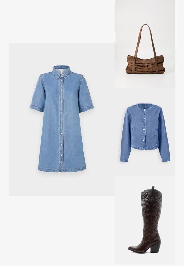 Veste en denim bleu clair avec un col rond, des manches longues, cinq boutons-pression et des poches latérales. Texture lisse et design décontracté.; Robe chemise en denim, bleu clair, manches courtes, col, fermeture à boutons sur le devant, longueur genoux, détails de couture sur les manches, coupe décontractée.; Botte de cowboy haute en cuir marron foncé avec motifs décoratifs cousus, bout pointu et talon bloc empilé.; Even&Odd Sac à main - brown