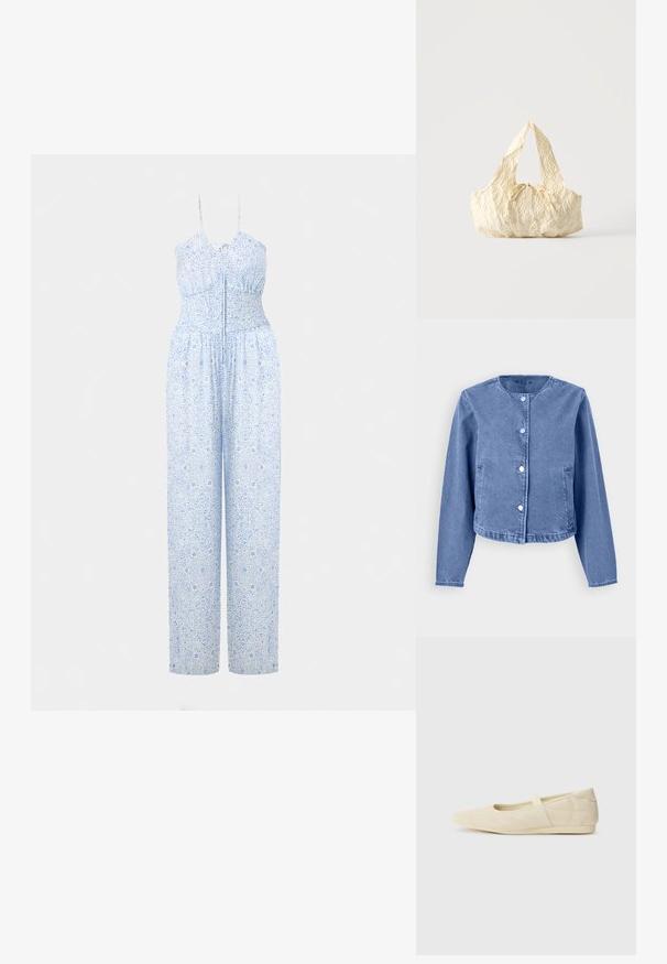 Lyseblå denimjakke med rund halsudskæring, lange ærmer, fem trykknapper og sidelommer. Glat tekstur med et afslappet design.; Lyseblå jumpsuit med justerbare stropper, smocket bodice og bukser med brede ben, prydet med et detaljeret blomstermønster. Blød stofstruktur.; Lysebrune ballet flats med en glat læderoverflade, mandelformet tå og elastisk rem over vristen, med diskrete syninger.; Håndtaske i cremefarvet tekstureret stof med top-håndtag og en lille bundet sløjfe-detalje midt foran.