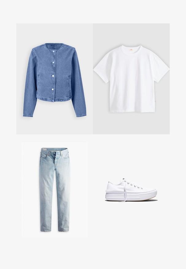 Hellblaues Denim-Jackett mit rundem Ausschnitt, langen Ärmeln, fünf Druckknöpfen und seitlichen Taschen. Glatte Textur mit einem lässigen Design.; Weißes Baumwoll-T-Shirt mit kurzen Ärmeln, rundem Ausschnitt, lockerer Passform, glatter Textur und einem kleinen Logetikett an der linken Seitennaht.; Hellblaue Jeans aus Denim mit geradem Bein, fünf Taschen und Metallknöpfen am Standardbund.; Weißer Canvas-Sneaker mit niedrigem Schnitt, dicker Plateau-Sohle, vorderer Schnürung und rauer Gummikappe an der Spitze, aus seitlicher Ansicht gezeigt.