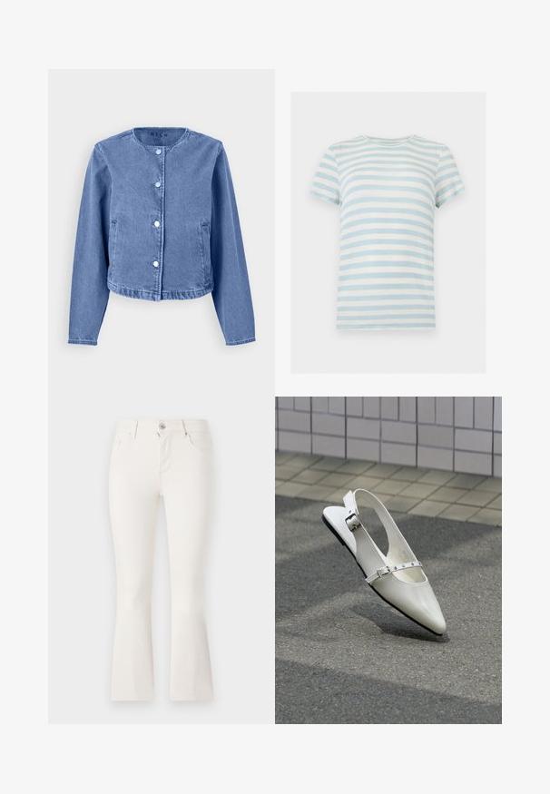 Lyseblå denimjakke med rund halsudskæring, lange ærmer, fem trykknapper og sidelommer. Glat tekstur med et afslappet design.; Kortærmet ribstrikket T-shirt med vandrette lyseblå og hvide striber og rund halsudskæring på hvid baggrund.; Hvide flaired jeans lavet af denim med en tætsiddende talje, fem lommer og en lynlåslukning foran. Glat tekstur og et rent design.; Hvid spids slingback flad sko med to sølvspænder, vist udendørs på tekstureret underlag og flisebelagt væg baggrund.
