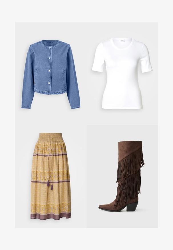 Lyseblå denimjakke med rund halsudskæring, lange ærmer, fem trykknapper og sidelommer. Glat tekstur med et afslappet design.; Hvid T-shirt med korte ærmer lavet af glat bomuld, med rund halsudskæring og en tætsiddende pasform. Klassisk design uden mønstre eller detaljer.; Gul maxi-nederdel med smock-liv, blomster- og geometriske mønstre i hvid og lilla, med to lilla kvaster ved livet.; Brune ruskind knæhøje støvler med lagdelt frynse-detaljering, spids tå og blokhæl. Glat tekstur med rig farvekontrast.