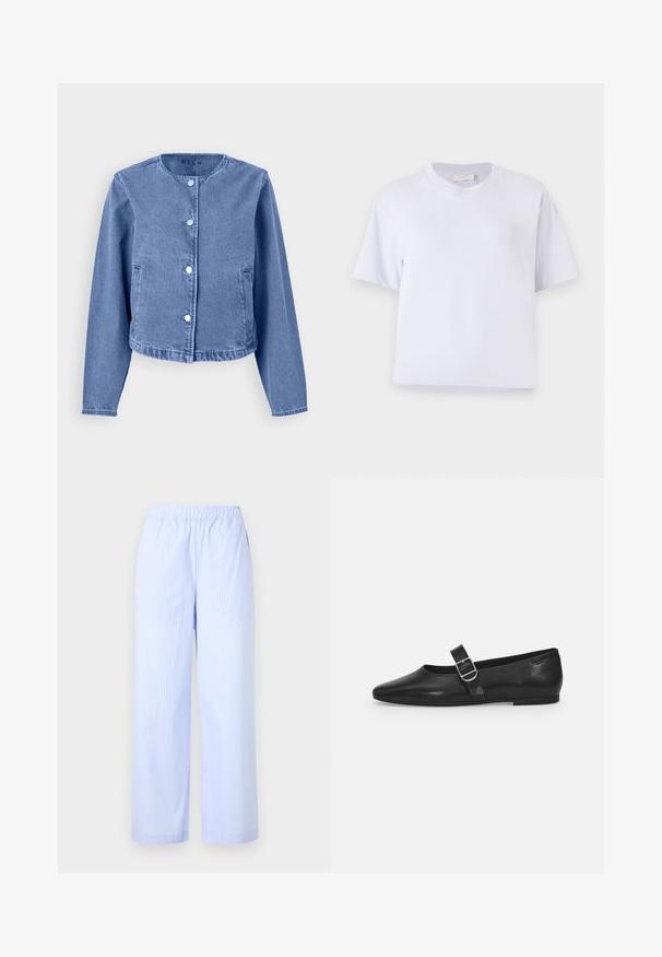 Lichtblauwe spijkerjack met een ronde halslijn, lange mouwen, vijf drukknoopjes en zijzakken. Gladde textuur met een casual ontwerp.; Witte katoenen t-shirt met een losse pasvorm, korte mouwen, ronde hals en zonder zichtbare patronen of versieringen. Gladde textuur.; Lichtblauwe gestreepte broek met een elastische tailleband, wijde pijpen, zijzakken en een gladde textuur. Geen extra versieringen.; Zwarte leren platte schoen met een ronde neus, een enkele verstelbare gespsluiting en een gladde, glanzende textuur. Minimalistisch ontwerp met een lage hak.