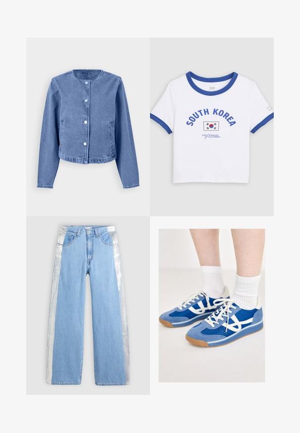 Veste en denim bleu clair avec un col rond, des manches longues, cinq boutons-pression et des poches latérales. Texture lisse et design décontracté.; T-shirt blanc à manches courtes avec col et poignets bleus, avec l’inscription "SOUTH KOREA", le drapeau sud-coréen et le logo Levi Strauss California.; Jean large bleu avec des panneaux métalliques argentés sur les côtés extérieurs, dotés de poches avant, passants de ceinture et d'une fermeture à bouton.; Baskets de sport bleues avec une tige en daim et en mesh, accents blancs, lacets plats et semelles en caoutchouc gomme, accompagnées de chaussettes blanches à côtes.