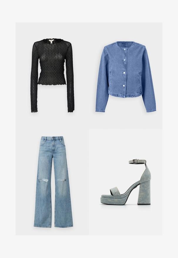 Chaqueta de mezclilla azul claro con cuello redondo, mangas largas, cinco botones a presión y bolsillos laterales. Textura suave con un diseño informal.; Top negro de manga larga hecho de encaje texturizado, con un escote con punta y un diseño ajustado con un corte cropped.; Vaqueros anchos de cintura alta en azul claro, con desgastes en las rodillas, diseño clásico de cinco bolsillos y cierre de cremallera con botón.; Sandalias de plataforma de denim con un grueso tacón cuadrado, punta abierta y tira al tobillo con un hebilla metálica. Azul claro con una textura sutil.