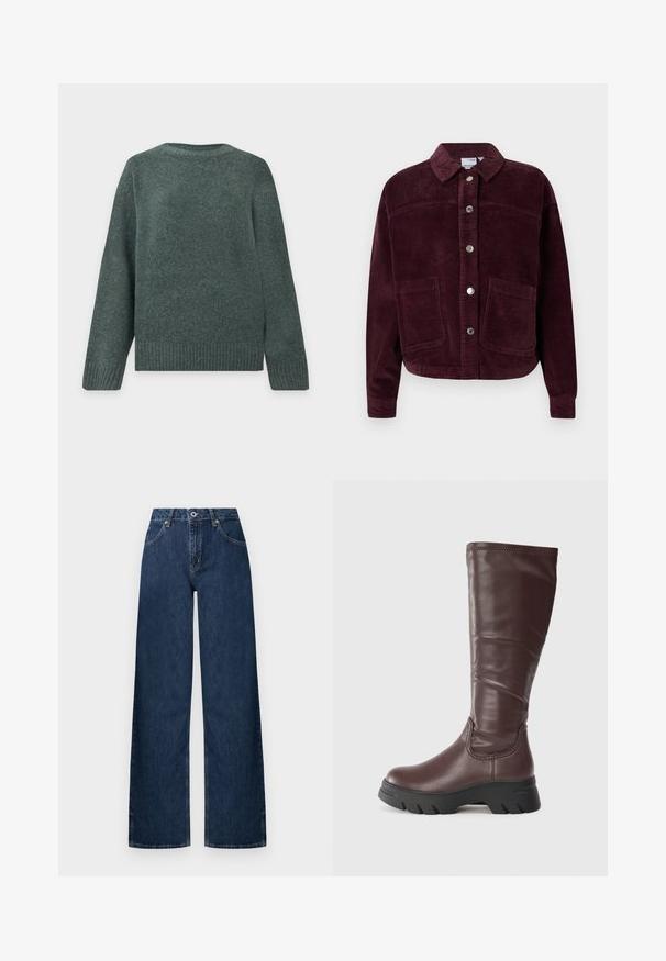 Bordeaux corduroy jack met een kraag, sluiting met voorknoop en twee grote opgestikte zakken. Heeft een textuurstof en een cropped pasvorm.; Donkergroene trui met lange mouwen en ronde hals, met geribde manchetten en tailleband, gemaakt van zachte, gestructureerde gebreide stof.; Wijde jeans gemaakt van donker denim. Heeft een klassiek ontwerp met vijf zakken, knoopsluiting en subtiele vervaging bij de knieën.; Bruine leren kniehoge laarzen met een gladde afwerking, dikke zwarte rubberen zool en minimale stiksels langs de bovenrand.