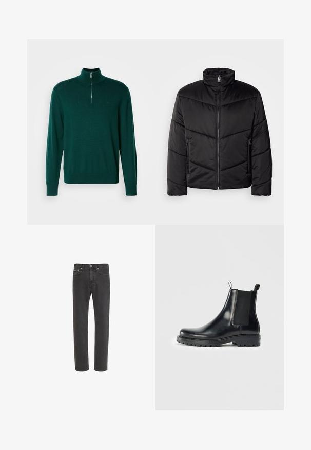 Zwarte pufferjack met hoge kraag, ritssluiting, diagonale quiltpatronen en zijzakken met ritssluitingen.; Donkergroene zip-up sweater met een hoge kraag, lange mouwen en geribbelde manchetten. Gemaakt van een soepele, lichtgewicht breigoedstof. Subtiele logo-detail.; Zwarte rechte denim jeans met knoop- en ritssluiting aan de voorkant, voor- en achterzakken, weergegeven op een witte achtergrond.; Zwarte leren Chelsea laarzen met elastische zijpanelen, een lus voor gemakkelijke aan- en uittrekken, en een robuuste rubberen zool met een gestructureerde grip.