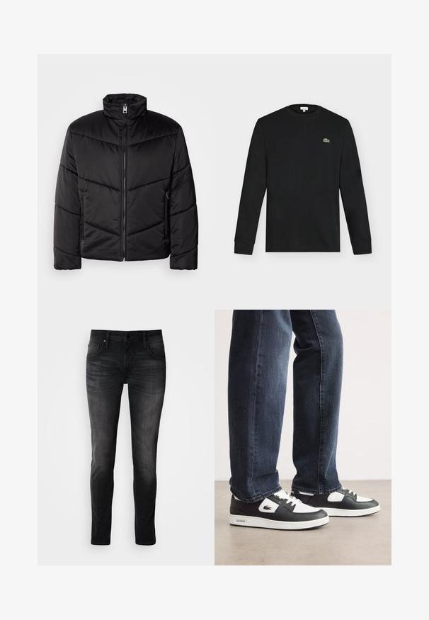 Zwarte pufferjack met hoge kraag, ritssluiting, diagonale quiltpatronen en zijzakken met ritssluitingen.; Zwart shirt met lange mouwen en ronde hals met klein groen krokodillogo op de linkerborst, afgebeeld tegen een effen lichte achtergrond.; Zwarte denim jeans met een slim fit, vijf zakken ontwerp, subtiele vervaging en contrasterende stiksels. Voorzien van een klassieke metalen knoop- en ritssluiting.; Zwart-witte Lacoste sneakers met een gestructureerde leren bovenkant, voorzien van een vetersluiting en een witte rubberen loopzool. Gecombineerd met een donkere jeans.