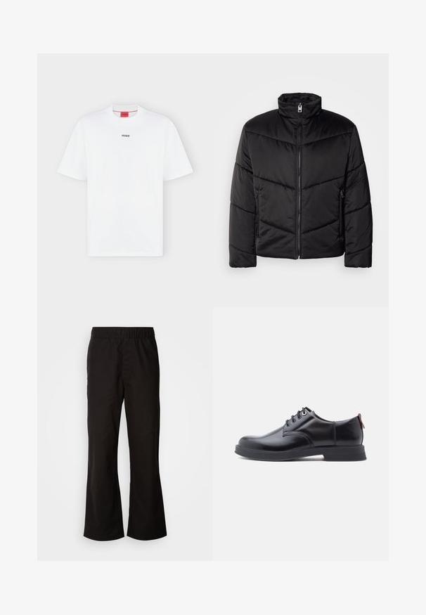 Sort pufferjakke med høj krave, lynlås lukning, diagonale quiltede mønstre og sidelommer med lynlåsdetaljer.; Hvid T-shirt med korte ærmer med lille sort "HUGO" logo centreret på brystet og et rødt mærke inde i kraven.; Sorte bukser med elastisk talje og n tapered form, lavet af glat bomuldsstof. Har et enkelt design og lige benåbninger.; Sorte snørestøvler i læder med glat tekstur, rundet tå og diskrete syningsdetaljer. Har en rød trækflig på hælen.