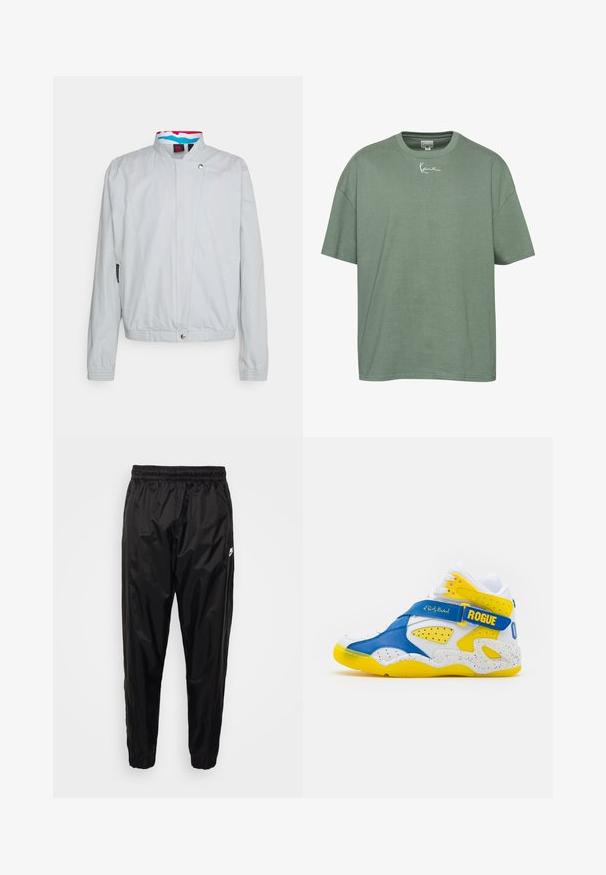 Quiksilver STRANGER THINGS THE STEVE JACKET - Letná bunda - pearl blue; Zelené bavlnené tričko s voľným strihom, rebrovaným výstrihom a krátkymi rukávmi. Na hrudi sú vyšitý biely text.; Čierne tréningové nohavice vyrobené z ľahkého, lesklého materiálu s elastickým pásom, zúženým strihom a zipsovými vreckami. Obsahujú logo ako akcent.; Patrick Ewing ROGUE X ODB - Vysoké tenisky - white/royal/yellow