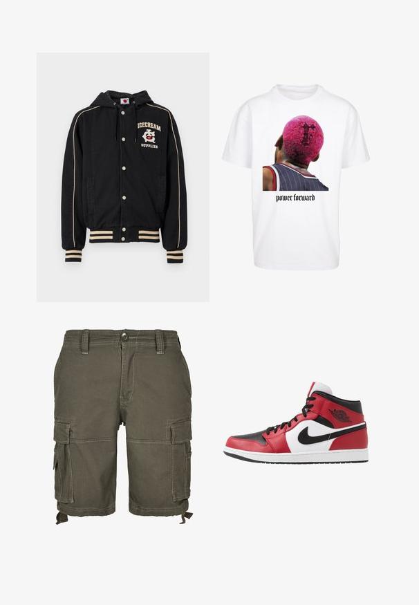 Chaqueta negra con capucha, detalles blancos, botones de presión y dos bolsillos laterales. Presenta un gráfico "ICECREAM SUPPLIES" en el pecho. Material de mezcla de algodón.; Camiseta blanca de algodón con un gráfico de una persona con cabello rosa, vistiendo una camiseta deportiva de rayas, y el texto "power forward" debajo.; Pantalones cortos cargo en verde oliva, fabricados con tejido duradero, que cuentan con múltiples bolsillos laterales, pasantes para cinturón y detalles cosidos para añadir textura.; Jordan AIR JORDAN 1 MID - Zapatillas altas - black/gym red
