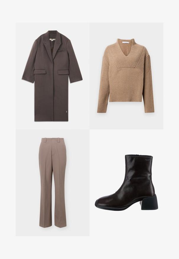 Lang, tætsiddende frakke i mørkebrun uldblanding. Har en spids krave, sidelommer og en enkelt brystlomme. Uforet inderside.; Beige ribstrikket sweater med dyb V-udskæring, lange ærmer og en struktureret panel ved brystet. Korte længde med en afslappet pasform.; Taupe bukser med højtaljet og lige ben, udstyret med bæltestropper og et forreste foldedetalje.; Vagabond ANSIE - Støvletter - braun