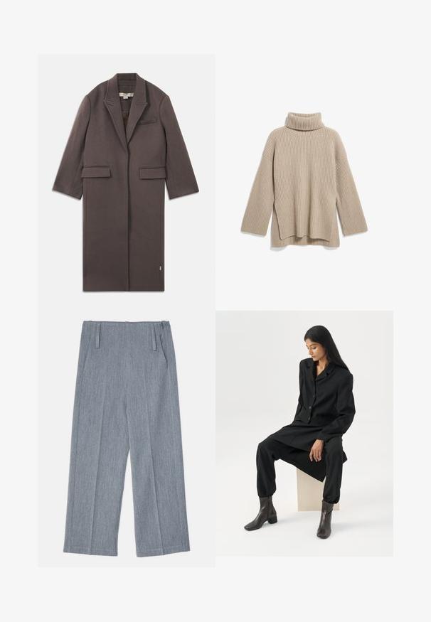 Manteau long ajusté en mélange de laine marron foncé. Présente un col cranté, des poches latérales et une poche poitrine unique. Intérieur non doublé.; Pull en col roulé beige à côtes, avec une coupe décontractée, doté de manches longues et d'un ourlet fendu sur le côté, fabriqué en un tissu tricoté doux et texturé.; Pantalons larges gris clair en tissu texturé, avec deux plis avant et deux poches latérales. Design épuré et ajusté.; Femme aux longs cheveux foncés assise, portant un blazer noir ample, un pantalon large assorti et des bottines foncées, sur un fond blanc uni.