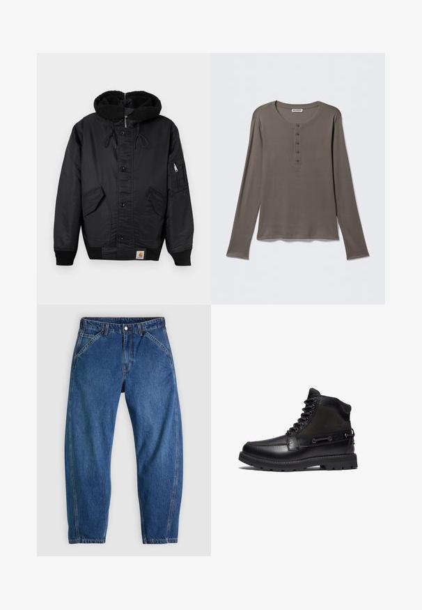 Sort jakke med fleece-foret hætte, frontknaplukning, to store sidelommer og en ekstra lynlås lomme på ærmet.; Grå henley-shirt med lange ærmer, fem knapper og rund halsudskæring, vist på en ensartet hvid baggrund.; Blå denimjeans med afslappet pasform, med knaplukning, fem lommer og kontrasterende orange syninger. Glat tekstur over det hele.; Timberland BRITTON ROAD EYE MOC-TOE - Snørestøvletter - black