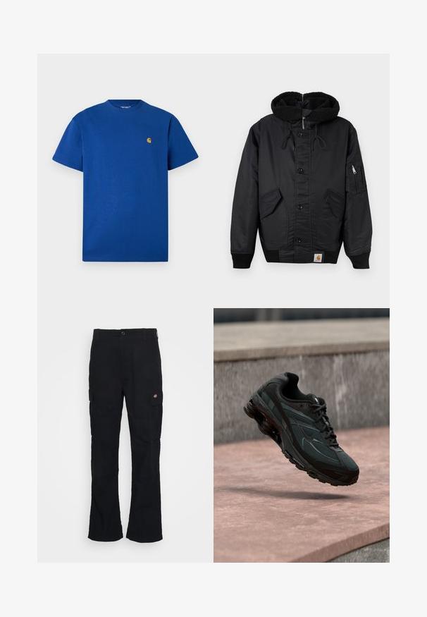 Zwarte jas met een fleece-voering in de capuchon, sluiting met knopen aan de voorkant, twee grote zijzakken en een extra ritszak op de mouw.; Blauwe katoenen t-shirt met een ronde hals, korte mouwen en een klein gouden logo op de borst. Gladde structuur en een casual pasvorm.; Zwarte cargobroek met een rechte pijpdesign, gemaakt van duurzaam materiaal, voorzien van zijzakken en een patchlogo aan de linkerkant.; Zwarte atletische sneaker met zichtbare luchtgeveerde tussenzool die boven een roze stenen oppervlak zweeft met een grijze stenen muur op de achtergrond.