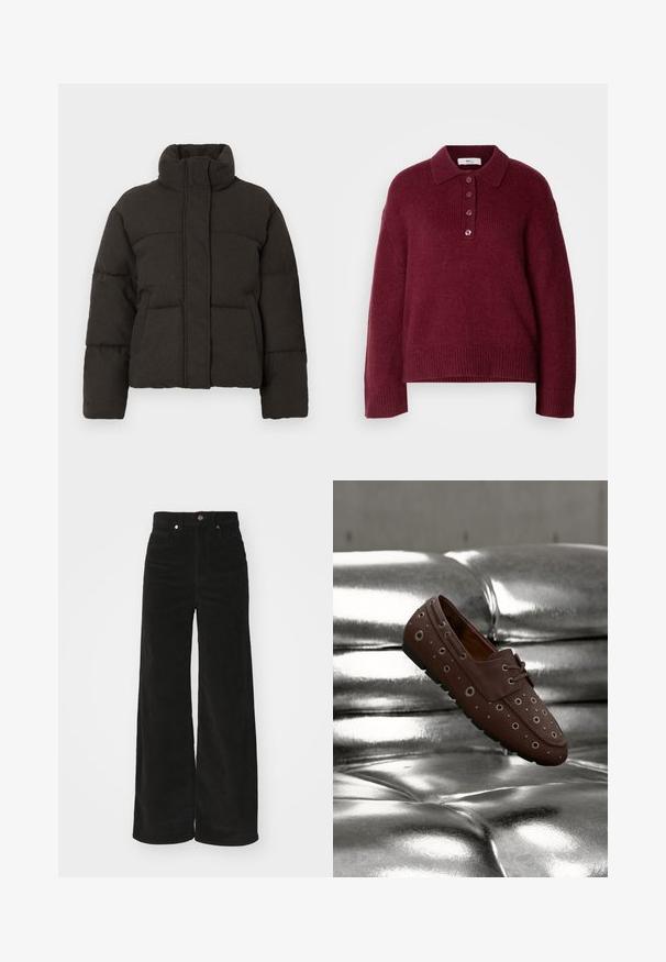 Mørkebrun dunjakke med opretstående krave, quiltede detaljer og lynlås foran. Blød tekstur, voluminøs form og ingen synlig hardware.; Bordeaux strikket sweater med polo krave, fem knap lukning og ribbede manchetter og kant. Behagelig og afslappet pasform.; Sorte kordfløjl bredbenede bukser med høj talje, der har to forlommer og en metalknaplukning. Tekstureret stof med lodrette ribber.; Brun mokkasinsko med metalliske snørehuller på sølvfarvet polstret læderoverflade, vist i luften som om den svæver eller bevæger sig.