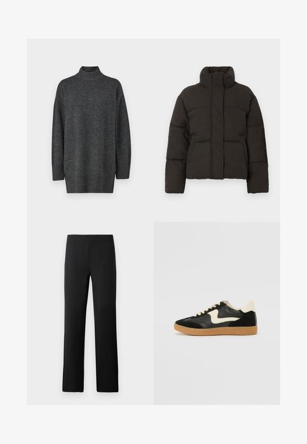 Veste matelassée marron foncé avec col montant, détails matelassés et fermeture éclair sur le devant. Texture douce, forme volumineuse et sans quincaillerie visible.; Pull noir gris, ample, encolure boule, fabriqué en matériau tricoté doux, avec des manches longues et un ourlet côtelé ; texture lisse, design minimaliste.; Pantalon noir à jambes droites en tissu lisse et extensible avec une large ceinture. Aucune couture ou poche visible, présentant un design simple.; Baskets en daim et cuir noir avec un swoosh latéral crème et un talon crème clair. Dotées de lacets beige et d'une semelle en caoutchouc gomme.