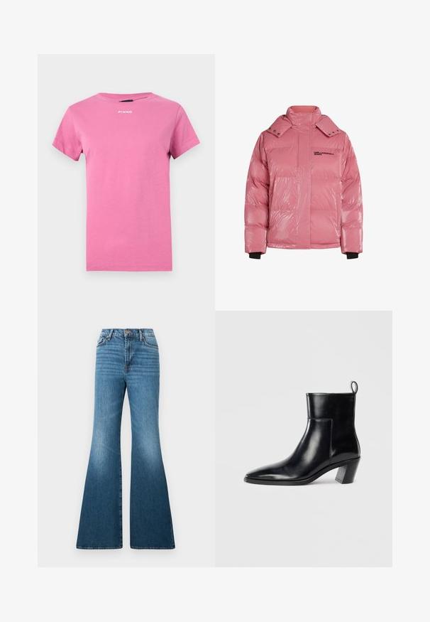 Veste doudoune rose avec texture brillante et matelassée, col haut, boutons-pression et accent logo noir sur la poitrine. Comprend des poignets élastiques.; T-shirt rose vif à manches courtes avec encolure ronde et petit logo blanc "PINKO" centré près du col.; Jean évasé bleu en denim, avec une taille haute, un léger délavage et des détails de coutures sur les poches et les coutures.; Bottine en cuir noir avec un bout pointu, un talon empilé géométrique et une languette à l'arrière. Texture lisse et design épuré.