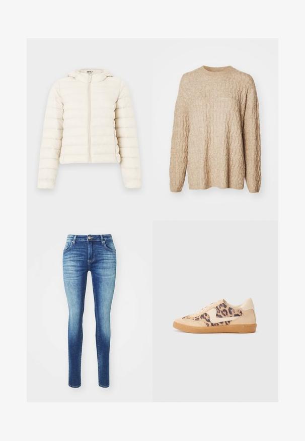 Creme pufferjakke med horisontale syninger, frontlynlås og hætte. Lavet af blødt stof, med et cropped design og elastiske manchetter.; Beige strikket sweater med et tekstureret kabeldesign, rund halsudskæring og lange ærmer. Stoffet ser blødt og chunky ud.; Slanke jeans i denimmateriale med en gradient fra lys til mørk blå, klassisk fem-lomme design og lynlås med knaplukning.; Leopardprint sneakers med beige ruskindsoverdel, tan gummisål og hvide detaljer. Rund pegefinger og snørebåndsdesign med en tekstureret finish.