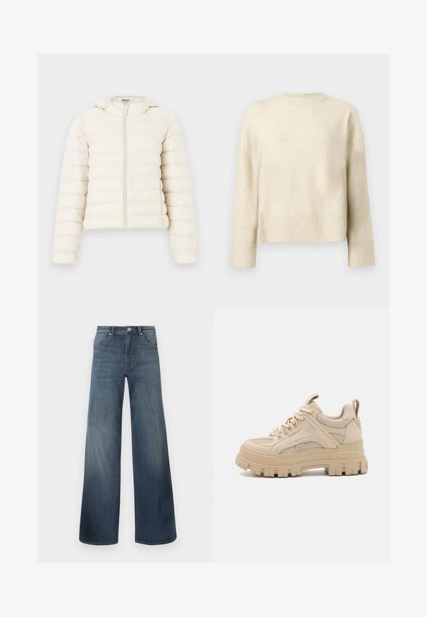Chaqueta tipo puffer crema con costuras horizontales, cremallera frontal y capucha. Está hecha de un tejido suave, con un diseño corto y puños elásticos.; Suéter de punto color crema con mangas largas, puños acanalados, dobladillo y cuello redondo, exhibido sobre un fondo liso.; Vaqueros de pierna ancha en azul oscuro, con un acabado desgastado, cierre de botón y estilo de cinco bolsillos. Textura suave, detalles de costura mínimos.; Zapatillas chunky beige con una mezcla de malla y ante, con una suela gruesa y un dibujo de tacos prominente, diseño con cordones y detalle de marca.
