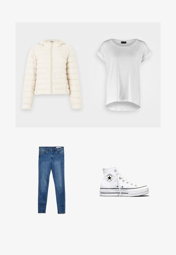 Creme pufferjakke med horisontale syninger, frontlynlås og hætte. Lavet af blødt stof, med et cropped design og elastiske manchetter.; Hvid kortærmet T-shirt med rund halsudskæring, lidt længere bagkant, blødt bomuldsstof og oprullede ærmer. Ingen synlige tryk.; Mørkeblå denimjeans med en klassisk skinny pasform. Indeholder fem lommer, lynlås og diskret falmning for tekstur.; Hvid højtop Converse Chuck Taylor All Star-sneaker med sort logo-patch og hvide snørebånd, vist på hvid baggrund.