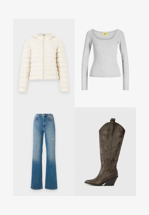 Chaqueta tipo puffer crema con costuras horizontales, cremallera frontal y capucha. Está hecha de un tejido suave, con un diseño corto y puños elásticos.; Top gris claro de manga larga ajustada con escote amplio en forma de scoop y etiqueta de marca amarilla "JJXX" cosida en el interior del cuello.; Jeans de mezclilla azul de talle alto con leve desgastes en los muslos, estilo de cinco bolsillos y diseño de pierna acampanada.; Bota de vaquero de cuero marrón con puntera afilada, tacón en cuña y bordado decorativo. Presenta un caña alta y una lengüeta de agarre.