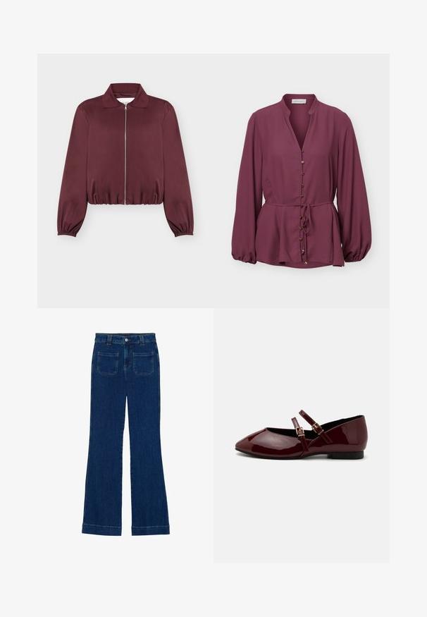 Viininpunainen pitkähiha jacket vetoketjulla, joustavilla resoreilla hihoissa ja helmassa, klassisella kauluksella ja sileällä kankaan pinnalla.; Pitkähihainen luumunvärinen pusero mandariinikauluksella, edessä kullanväriset napit ja vyötärönaru, jossa hieman levenevä helma ja poimutetut hihansuut.; Tummansiniset farkuista valmistetut leveälahkeiset housut, joissa on sileä pinta, viisi taskua ja napillinen kiinnitys vyötäröllä.; Anna Field Ballerinat nilkkaremmillä - dark red