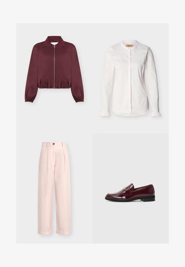 Veste bordeaux à manches longues avec fermeture éclair, poignets et bas élastiques, avec col classique et texture de tissu lisse.; Blouse blanche à manches longues avec col mao, patte de boutonnage dissimulée, fines rayures verticales et poignets à volants, présentée sur un fond uni.; Pantalon taille haute rose clair à jambes larges avec plis sur le devant, passants pour ceinture et fermeture par un bouton marron.; Mocassins en cuir verni bordeaux à bout rond, avec une sangle décorative et un accent doré, montés sur une semelle en caoutchouc noire.