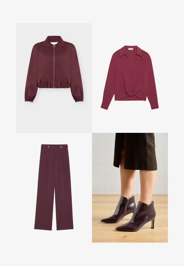 Veste bordeaux à manches longues avec fermeture éclair, poignets et bas élastiques, avec col classique et texture de tissu lisse.; Chemise longue maroon à manches longues avec col, décolleté en V et détail de nœud torsadé à l'avant. Texture douce et coupe décontractée.; Pantalons taille haute, jambes larges en prune profonde avec deux boutons à la taille et des poches latérales, présentés à plat sur un fond blanc.; Bottines en cuir bordeaux à bout pointu et talon fin. Elles présentent une fermeture éclair sur le côté et une texture lisse et brillante.