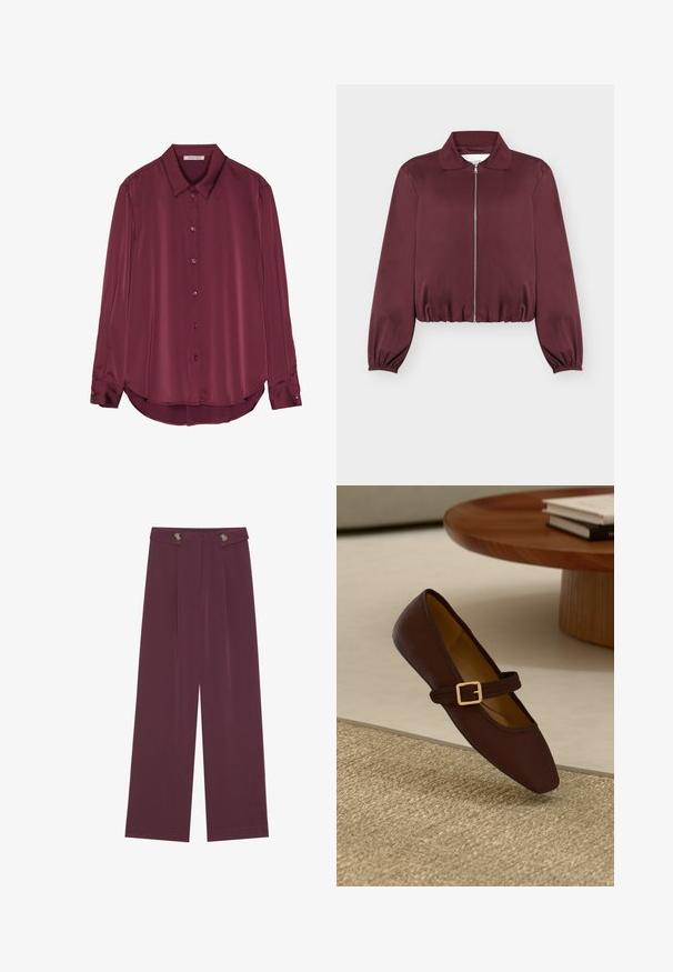 Veste bordeaux à manches longues avec fermeture éclair, poignets et bas élastiques, avec col classique et texture de tissu lisse.; Blouse bourgogne à manches longues en satin lisse, avec un col, une fermeture par boutons et un ourlet arrondi. Les boutons sont de la même couleur que le tissu.; Pantalons taille haute, jambes larges en prune profonde avec deux boutons à la taille et des poches latérales, présentés à plat sur un fond blanc.; Chaussure plate en cuir marron avec un bout pointu et une sangle décorative ornée d'une boucle en or. Fond en texture tissée beige chaud.