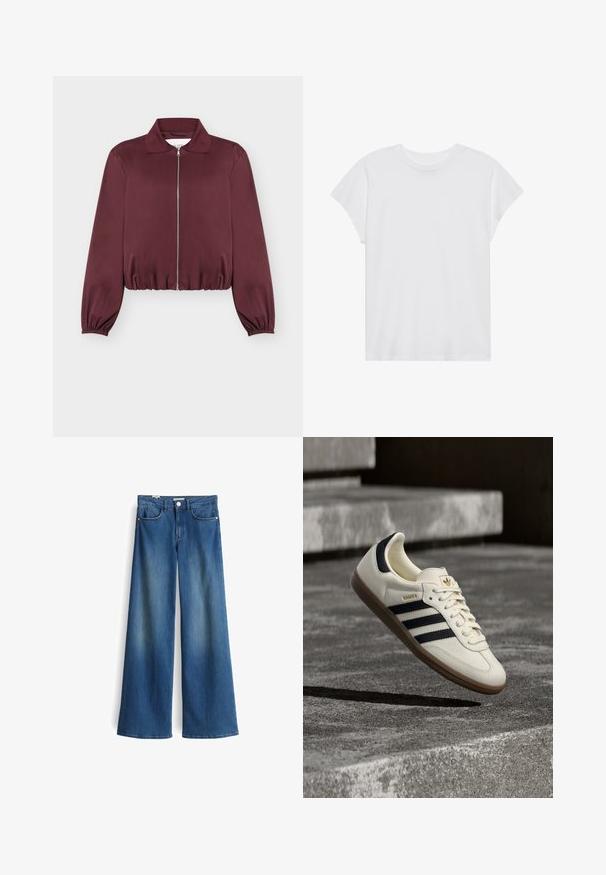 Bordeauxfarbene langärmelige Jacke mit Reißverschluss, elastischen Bündchen und Saum, mit klassischem Kragen und glatter Stoffstruktur.; Weißes kurzärmliges T-Shirt mit Rundhalsausschnitt, lockerer Passform, aus weichem Baumwollstoff. Glatte Textur, keine Muster oder Logos.; Weite Jeans aus Denim in Mittelblau mit glatter Textur. Verfügt über zwei Fronttaschen und einen klassischen Knopfverschluss in der Taille.; Weißer Adidas Samba Sneaker mit schwarzen Streifen und Gummisohle, schwebend über strukturierten grauen Betontreppen.