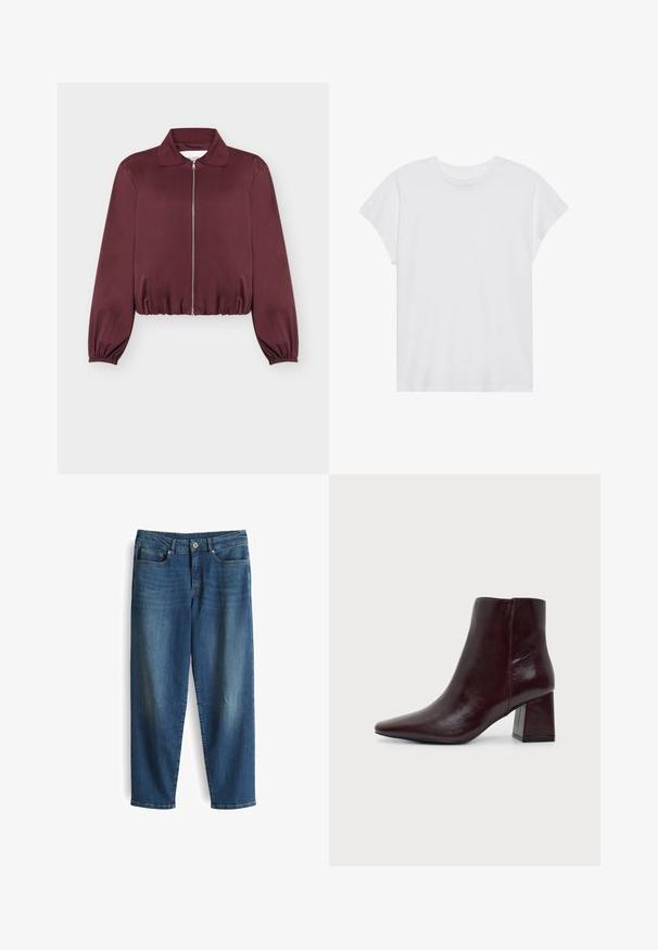Bordeauxfarbene langärmelige Jacke mit Reißverschluss, elastischen Bündchen und Saum, mit klassischem Kragen und glatter Stoffstruktur.; Weißes kurzärmliges T-Shirt mit Rundhalsausschnitt, lockerer Passform, aus weichem Baumwollstoff. Glatte Textur, keine Muster oder Logos.; Jeans aus Denim in Mittblau mit entspannter Passform. Verfügt über fünf Taschen, einen Knopfverschluss und leichtes Ausbleichen in der Nähe der Knie.; Dunkelbrauner Lederknöchelstiefel mit spitzer Spitze und Blockabsatz vor einem schlichten hellgrauen Hintergrund.