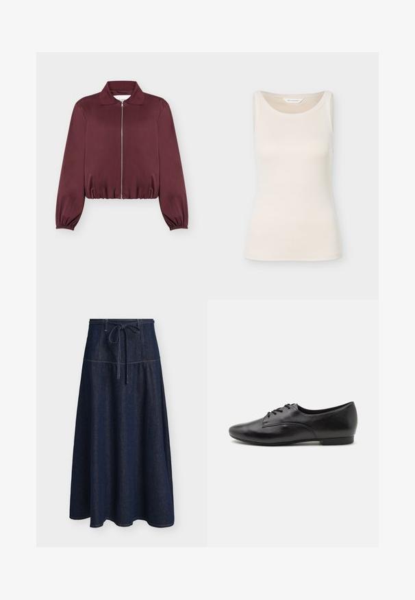 Bordeauxrode jas met lange mouwen en ritssluiting, elastische manchetten en zoom, voorzien van een klassieke kraag en een gladde stoftextuur.; Crèmekleurige ribgebreide mouwloze tanktop met ronde halslijn, label "Moss Copenhagen" zichtbaar aan de binnenkant van de kraag.; Donkerblauwe denim A-lijn rok met sierstiksels en een voorgebonden ceintuur in de taille, getoond tegen een effen achtergrond.; Zwarte leren veterschoenen met een gladde textuur, ronde neus, lage hak en eenvoudig ontwerp. Zijaanzicht dat de slanke vorm en stiksels benadrukt.