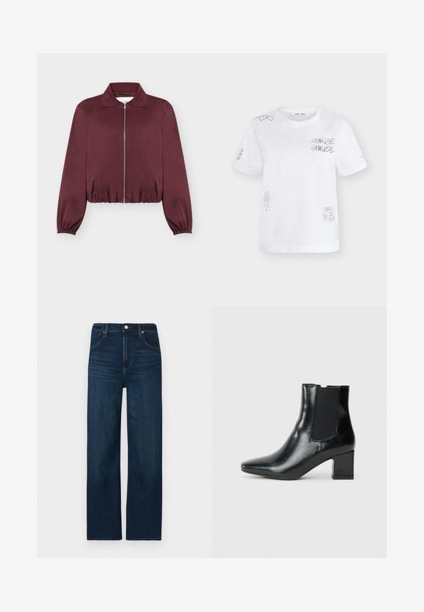 Veste bordeaux à manches longues avec fermeture éclair, poignets et bas élastiques, avec col classique et texture de tissu lisse.; T-shirt blanc manches courtes avec dessin en lignes noires comprenant des cœurs, le texte « SAMSOE SAMSOE », une fleur, un soleil et de petites pièces sur les manches et sur le devant.; Jeans en denim bleu foncé avec une coupe droite, fermeture par bouton et zip, détails de coutures discrètes et style cinq poches.; Botte cheville en cuir noir avec un bout pointu, des panneaux latéraux élastiques et un talon bloc. Texture lisse avec une finition brillante.