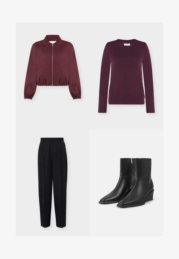 Bordeauxfarbene langärmelige Jacke mit Reißverschluss, elastischen Bündchen und Saum, mit klassischem Kragen und glatter Stoffstruktur.; Ein schlichtes, dunkelviolettes Langarmshirt mit Rundhalsausschnitt, auf weißem Hintergrund dargestellt, ohne sichtbare Muster oder Designs.; Schwarze, hoch taillierte, maßgeschneiderte Hose mit Gürtelschlaufen, vorderen Falten und geraden Beinen, präsentiert vor einem schlichten weißen Hintergrund.; Paar schwarze Leder-Stiefeletten mit spitzen Zehen, Keilabsätzen und seitlichen Reißverschlussverschlüssen auf einfachem hellem Hintergrund.