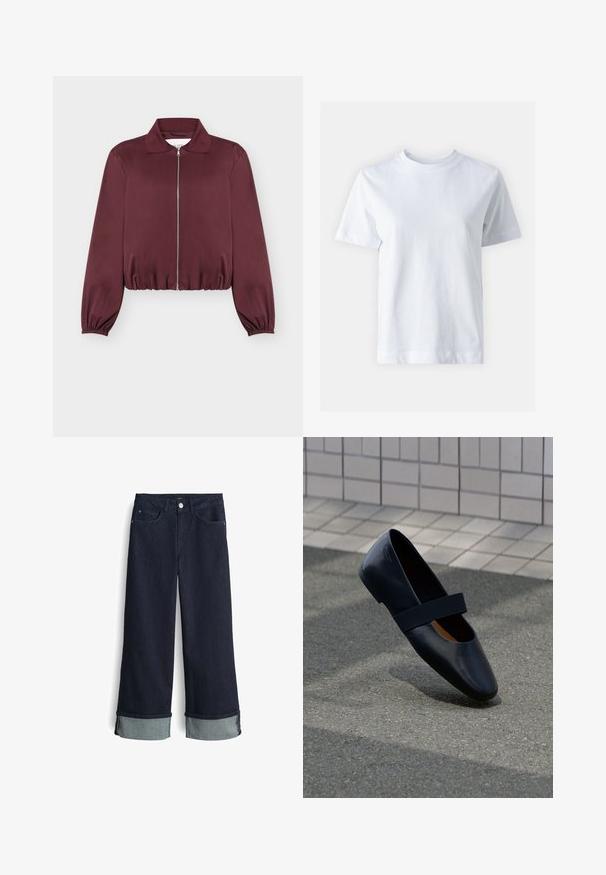 Bordeauxfarbene langärmelige Jacke mit Reißverschluss, elastischen Bündchen und Saum, mit klassischem Kragen und glatter Stoffstruktur.; Weißes Baumwoll-T-Shirt mit Rundhalsausschnitt, kurzen Ärmeln, gerader Schnittführung und glatter Textur. Keine Muster oder Verzierungen.; Dunkelblaue Denim-Jeans mit weitem Bein und hoher Taille, mit umgeschlagenen Säumen in einem helleren Blauton und klassischem Vier-Taschen-Design.; Schwarze Leder-Ballerina mit runder Zehenpartie, ausgestattet mit einem weichen schwarzen Elastikband über dem Vorderfuß. Glatte Textur und minimalistisches Design.