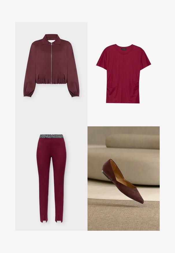 Veste bordeaux à manches longues avec fermeture éclair, poignets et bas élastiques, avec col classique et texture de tissu lisse.; T-shirt bordeaux à manches courtes avec un col rond, présentant des coutures latérales froncées et une texture lisse. Fabriqué en tissu léger et doux.; Pantalon slim bordeaux avec fentes sur le devant des jambes et une ceinture élastique imprimé léopard sur fond uni.; Chaussure plate en daim brun foncé à bout pointu flottant au-dessus d'un tapis beige avec un sofa beige en arrière-plan.