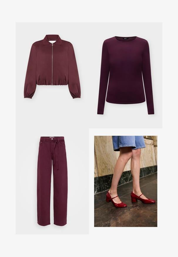 Veste bordeaux à manches longues avec fermeture éclair, poignets et bas élastiques, avec col classique et texture de tissu lisse.; Chemise ajustée à manches longues pour femme en violet foncé avec encolure ronde sur fond clair uni.; Pantalons larges bordeaux en coton, dotés d'une taille à lien, de deux poches avant et d'une fermeture à bouton. Texture lisse, sans motifs.; Personne portant des escarpins blocs rouges brillants et une jupe en denim bleu, se tenant sur un sol carrelé sombre près d'un mur en marbre.