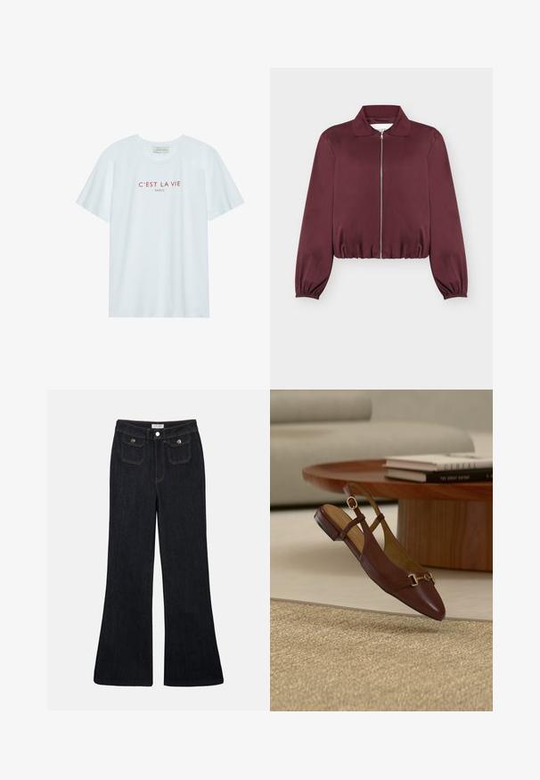Veste bordeaux à manches longues avec fermeture éclair, poignets et bas élastiques, avec col classique et texture de tissu lisse.; T-shirt en coton blanc avec col rond et manches courtes. Présente un texte imprimé rouge "C'EST LA VIE PARIS" sur la poitrine. Design simple.; Jeans en denim foncé évasés avec une taille haute, deux poches avant et des coutures orange. Le matériau semble robuste et lisse.; Mocassin slingback plat en cuir marron avec détail de boucle dorée, posé sur un tapis beige texturé près d'une table ronde en bois avec des livres empilés.