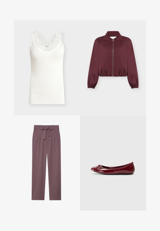 Veste bordeaux à manches longues avec fermeture éclair, poignets et bas élastiques, avec col classique et texture de tissu lisse.; Débardeur blanc côtelé sans manches avec large bordure en dentelle autour de l'encolure en V et des épaules, vue à plat sur fond gris clair.; Pantalons larges de couleur prune avec une taille ceinturée, un devant plissé et une texture lisse. Comprend des poches latérales et un design ajusté.; Ballerines en vernis bordeaux brillant, avec un bout arrondi et un petit nœud sur le devant. Texture lisse, petit talon.