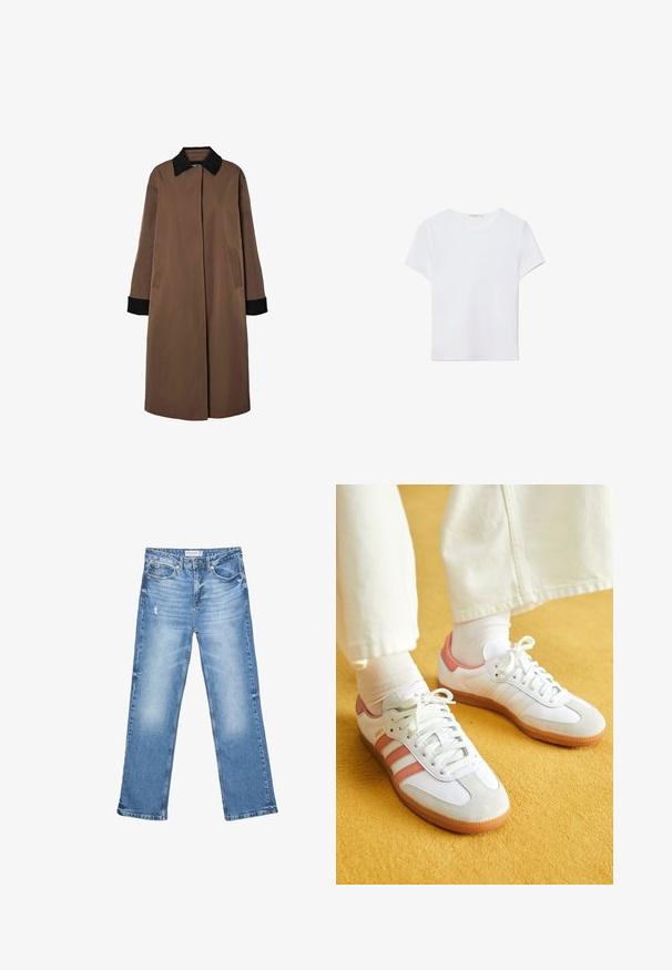 Langer brauner Mantel mit schwarzem Kragen und schwarzen Bündchen, vordere Taschen und einem verdeckten Verschluss vorne.; Weißes kurzärmliges T-Shirt aus weichem Stoff. Hat einen runden Halsausschnitt und ein einfaches, sauberes Design mit geradem Saum.; Hellblaue Jeans aus Denim, mit geradem Bein, ausgewaschenen Stellen und subtilen Abnutzungen. Verfügt über fünf Taschen und einen klassischen Knopfverschluss.; Weiße Sportschuhe mit pinken Akzenten, aus Wildleder und Leder, runde Zehenform und Gummisohle, dargestellt mit hellen Socken vor einem gelben Hintergrund.