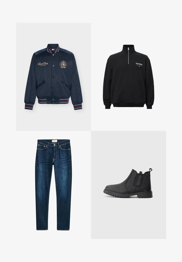 Marineblå bomberjakke med stribet krave og manchetter, trykknapper, forlommer, teksten "Sports Club New York" og broderet våbenskjold på brystet.; Sort sweatshirt med høj krave og halv lynlås, med hvid trykt tekst på venstre bryst. Fremstillet af bomuldsstof med blød tekstur.; Mørkeblå jeans lavet af denim, med en lige ben-design, fem lommer, kobberfarvede nitter og subtilt farvetone på stoffet.; Sorte læder ankelstøvler med rund tå, elastiske sidepaneler, trækhåndtag og robuste såler. Har subtil branding på siden.