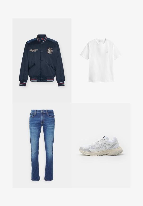 Marineblaue Bomberjacke mit gestreiftem Kragen und Bündchen, Druckknöpfen, Vordertaschen, Schriftzug "Sports Club New York" und gesticktem Wappen auf der Brust.; Weißes T-Shirt mit kurzen Ärmeln und Rundhalsausschnitt, mit kleinem gesticktem Schild-Logo auf der linken Brust und GANT-Label innen im Kragen.; Blaue Denim-Jeans mit ausgewaschenen Effekten, Frontknopf- und Reißverschluss sowie Fünf-Taschen-Design vor weißem Hintergrund.; Weiße Sportsneaker mit Netzpaneelen, Gummisohle und silbernen Akzenten. Sie besitzen eine abgerundete Fußspitze und ein Schnürdesign für einen sicheren Sitz.